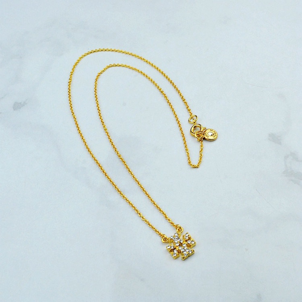 TORY BURCH GOLD KIRA CRYSTAL LOGO NECKLACE